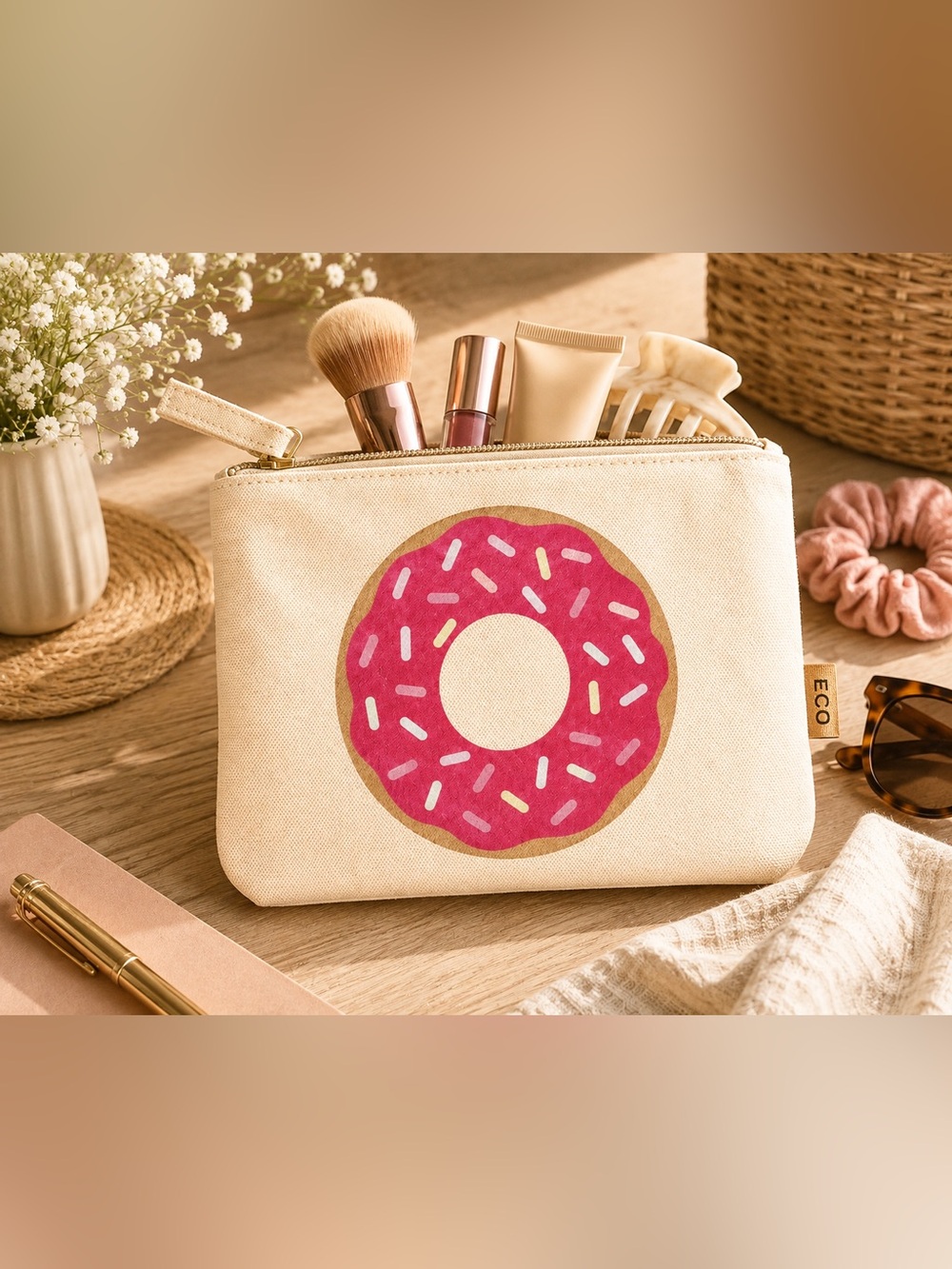 Canvas Donut Pouch - Pink Donut Print